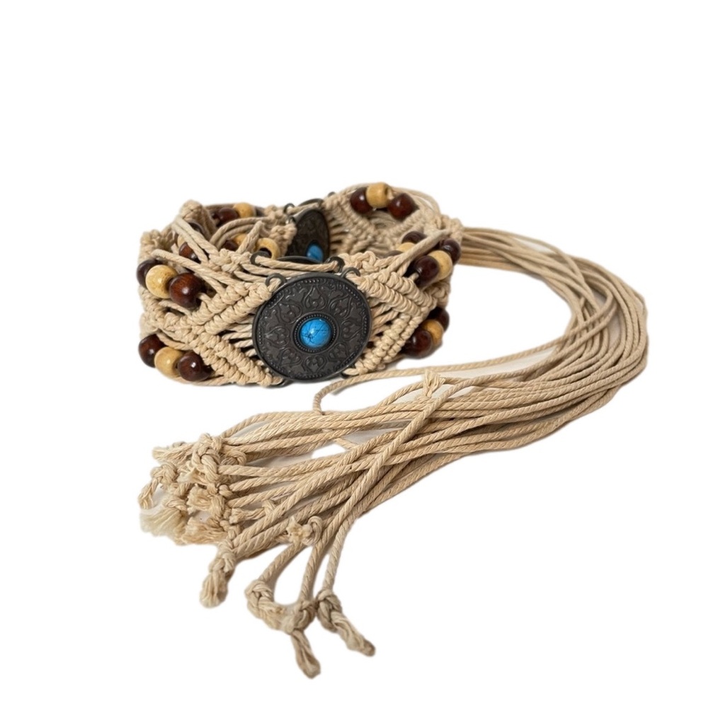 Boho Tribal Beach Weave Rope Belt Hippy Bead Faux Turquoise and Beads